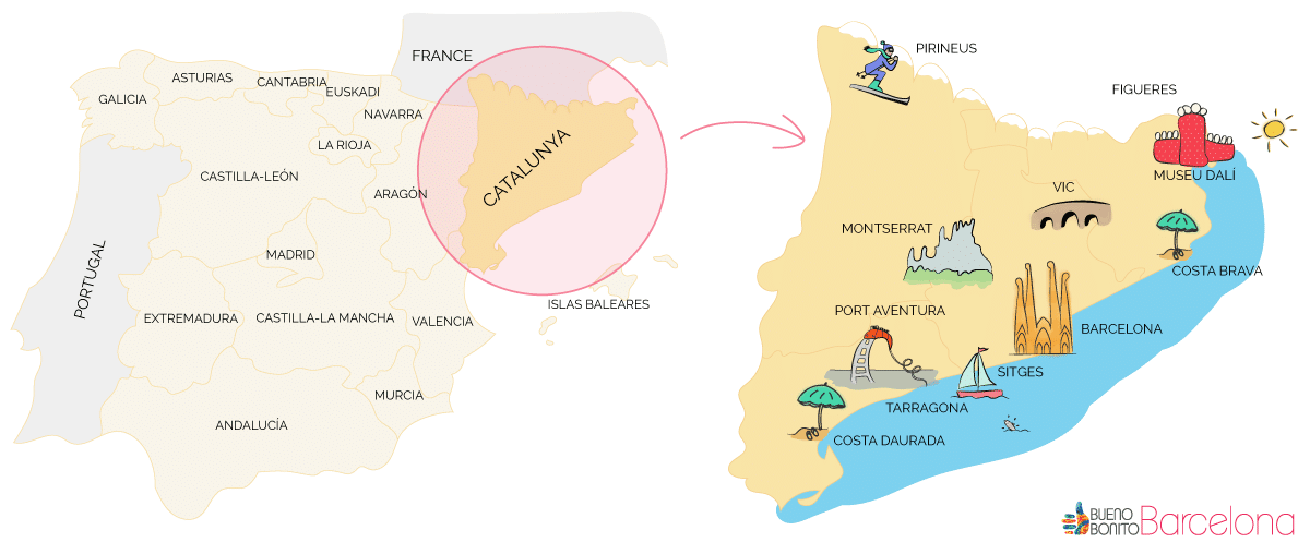 Mapa dibujado de Cataluña y de España